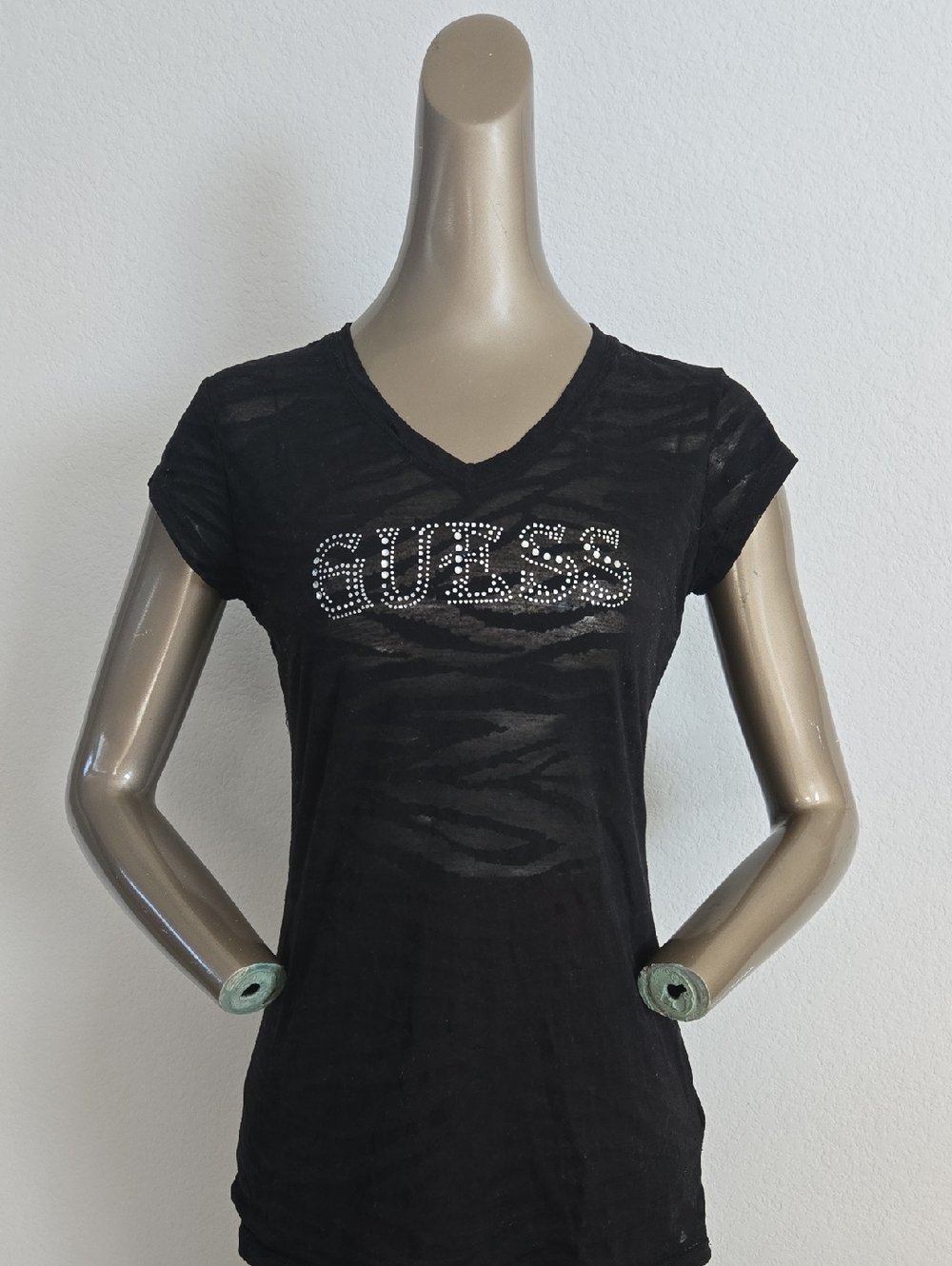 Guess Black Rhinestone Logo V-Neck Short Sleeve Tee